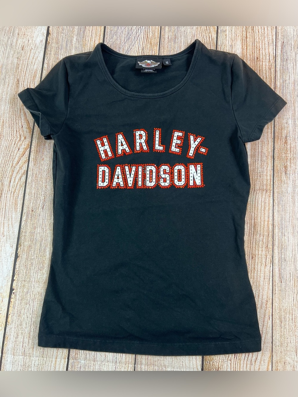 Women’s Harley Davidson Motorcycles Rhinestone Black Shirt Size XS